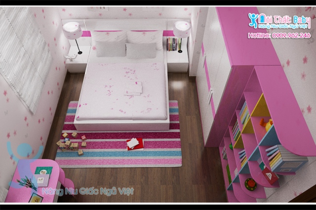 Mẫu giường ngủ màu hồng dễ thương cho bé